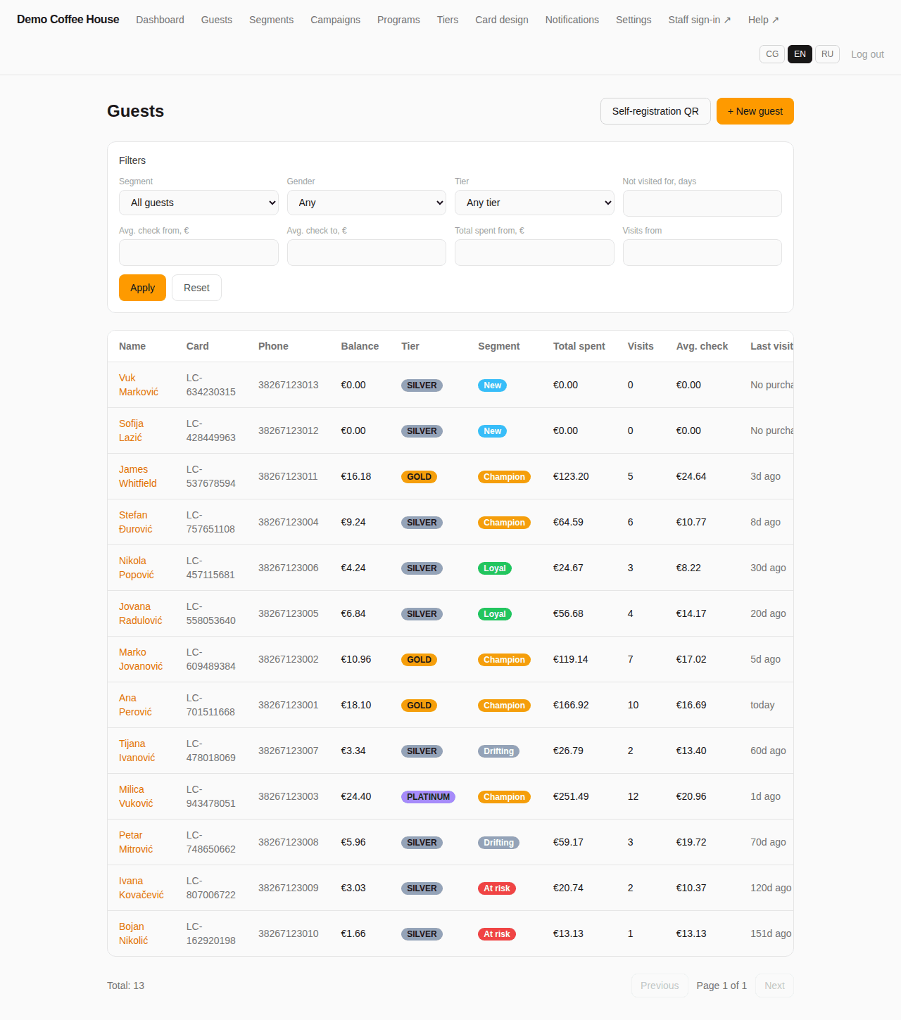 Customer list with segments
